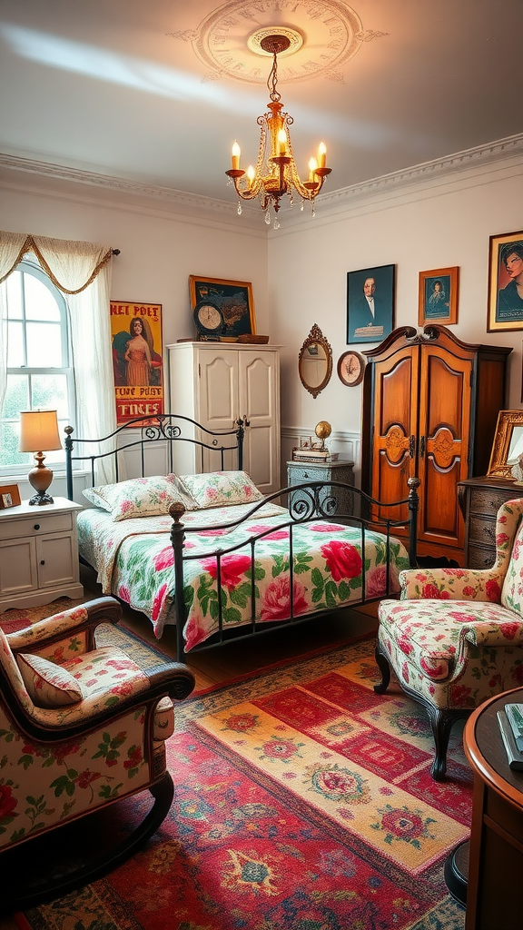 Eclectic vintage bedroom with floral quilt, vintage furniture, and charming decor.