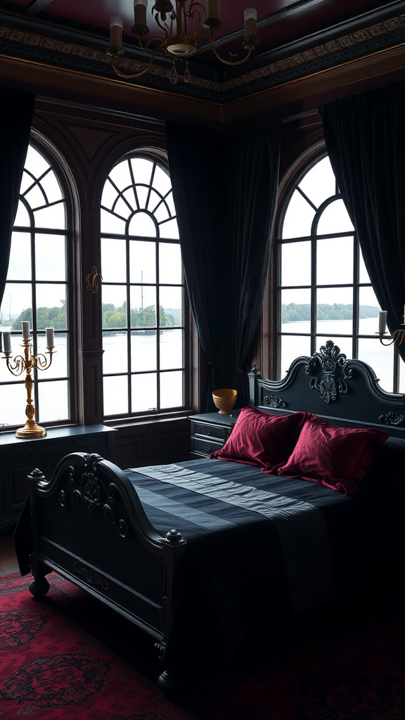 Gothic-inspired lake house bedroom with large windows and dark furniture