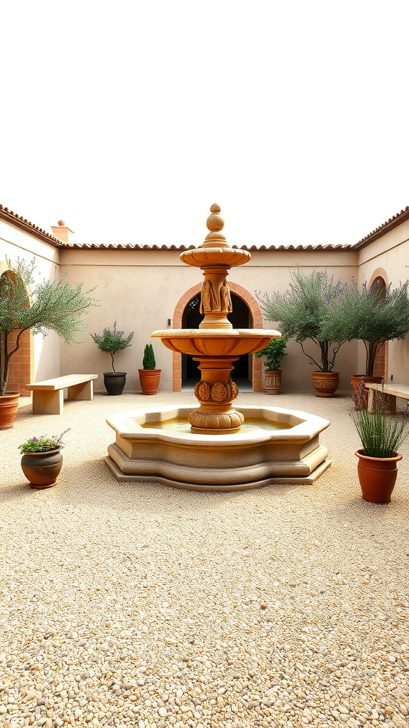 Gravel patio featuring a Mediterranean fountain surrounded by potted plants