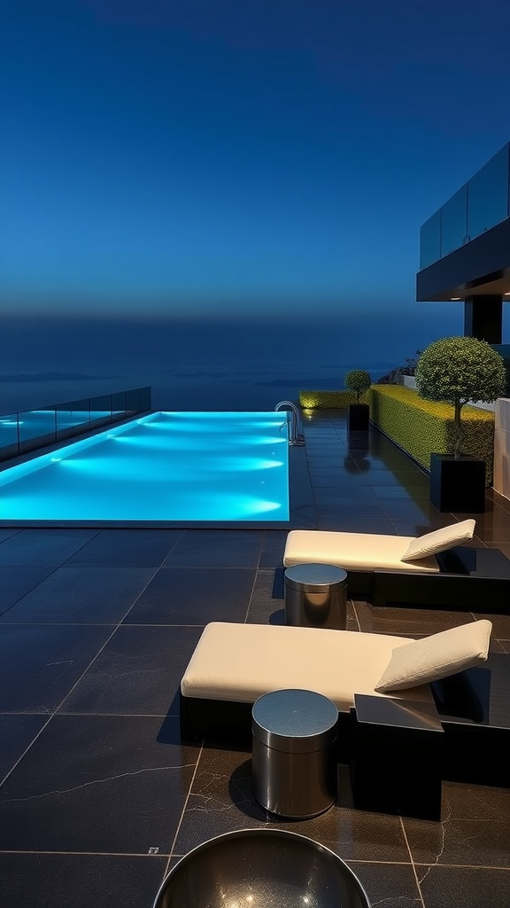 A high-end contemporary pool deck with an infinity pool, lounge chairs, and lush greenery at dusk