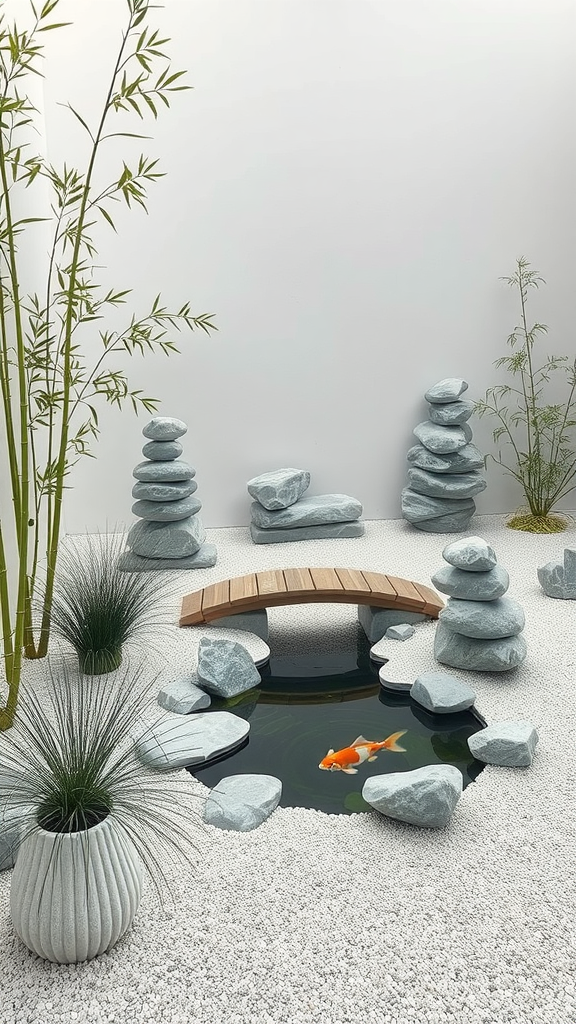 A tranquil hippie zen garden featuring balanced rocks, a wooden bridge, a small pond with a koi fish, and bamboo plants.