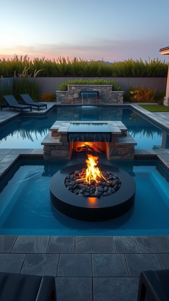 Modern pool featuring a waterfall and a firepit, with lounge chairs around it.