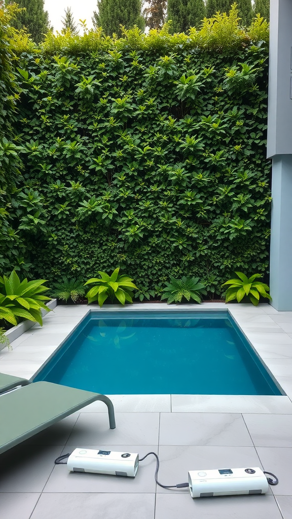 Small pool surrounded by a lush green wall and plants