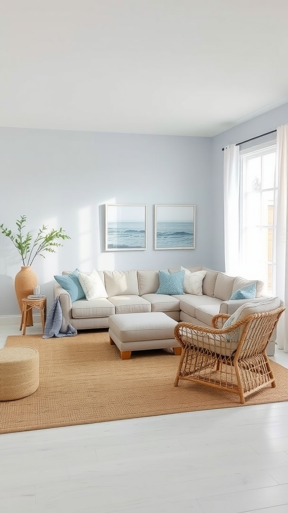 A neutral coastal living room with a sectional sofa, wicker chair, and ocean-themed decor.