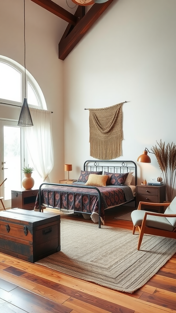 A stylish Bohemian loft bedroom featuring a metal bed, wooden floors, and cozy decor.