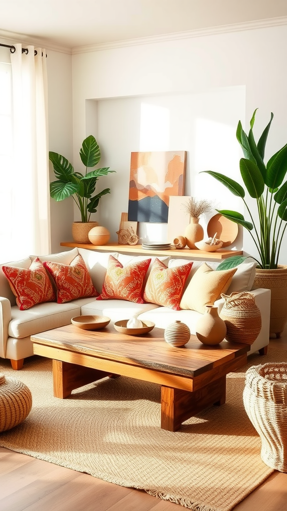 A stylish boho coastal living room featuring earthy tones, a comfortable white sofa with colorful cushions, a wooden coffee table, and decorative plants.