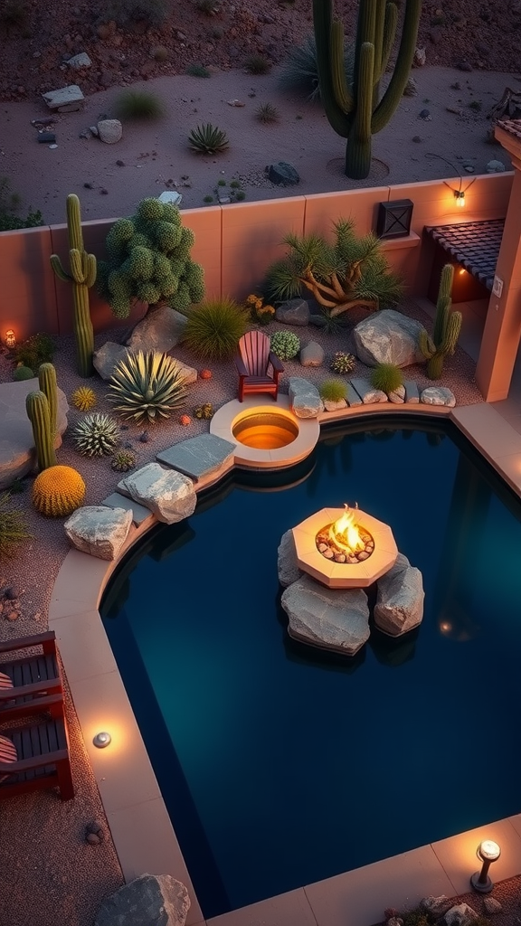 A desert garden pool featuring a fire pit surrounded by cacti and rocks, with chairs nearby.