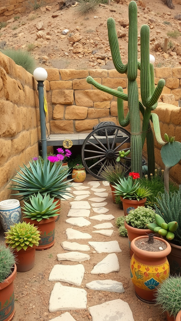 A desert hippie herb garden featuring a stone pathway, colorful pots with plants, tall cacti, and a vintage wagon wheel.