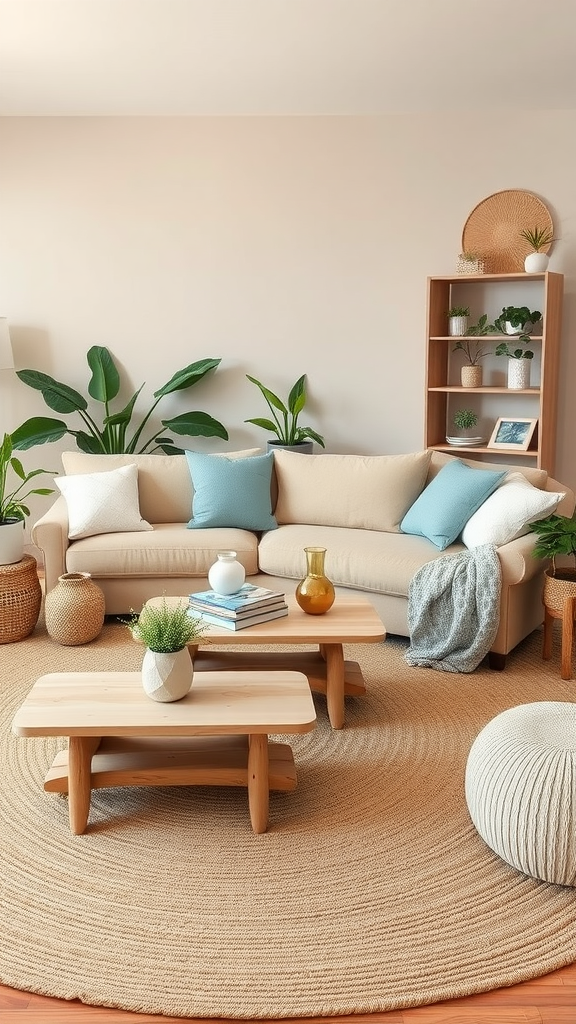 Coastal living room with neutral tones, light beige sofa, blue cushions, jute rug, wooden coffee tables, and plants