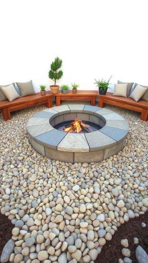 Gravel patio featuring a fire pit surrounded by wooden benches with cushions.