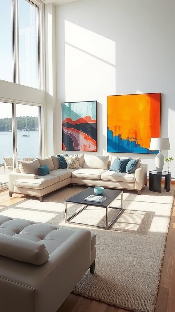 A contemporary lake house living room featuring large windows, a beige sectional sofa, colorful artwork, and a view of the lake.