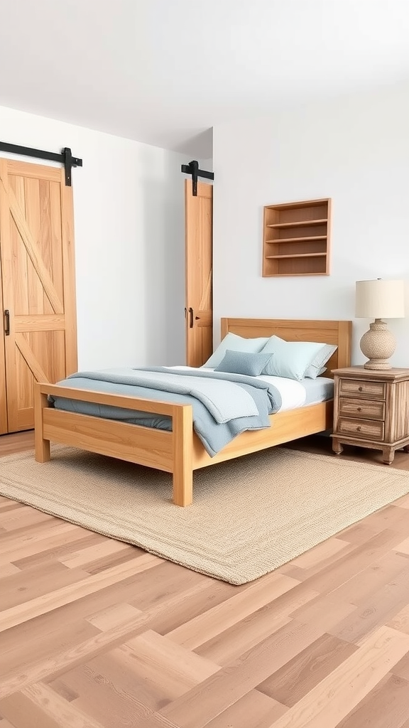 Modern farmhouse bedroom featuring sliding doors, wooden furniture, and a cozy design.