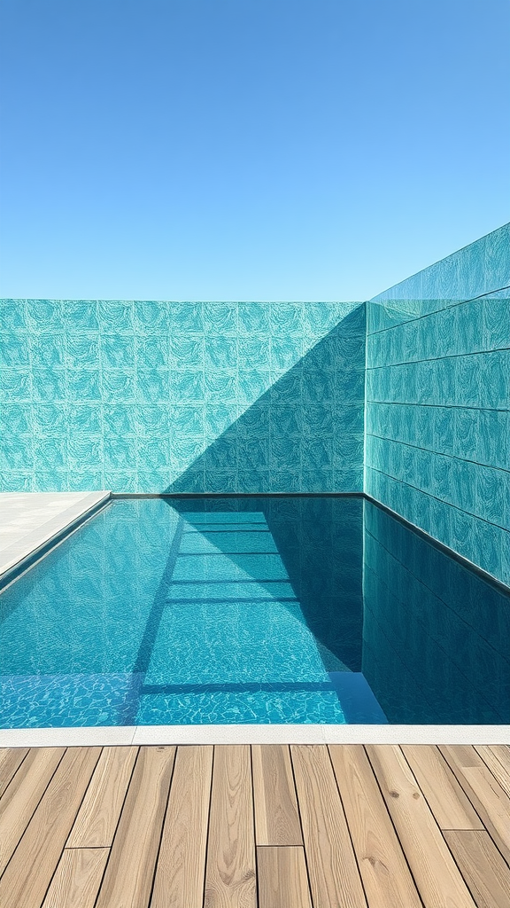 A modern pool featuring glass-tiled walls in turquoise, surrounded by wooden decking under a clear blue sky.