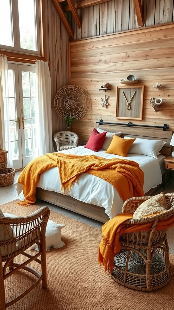 Rustic boho coastal bedroom with wooden walls, white bedding, orange throw, and wicker furniture.