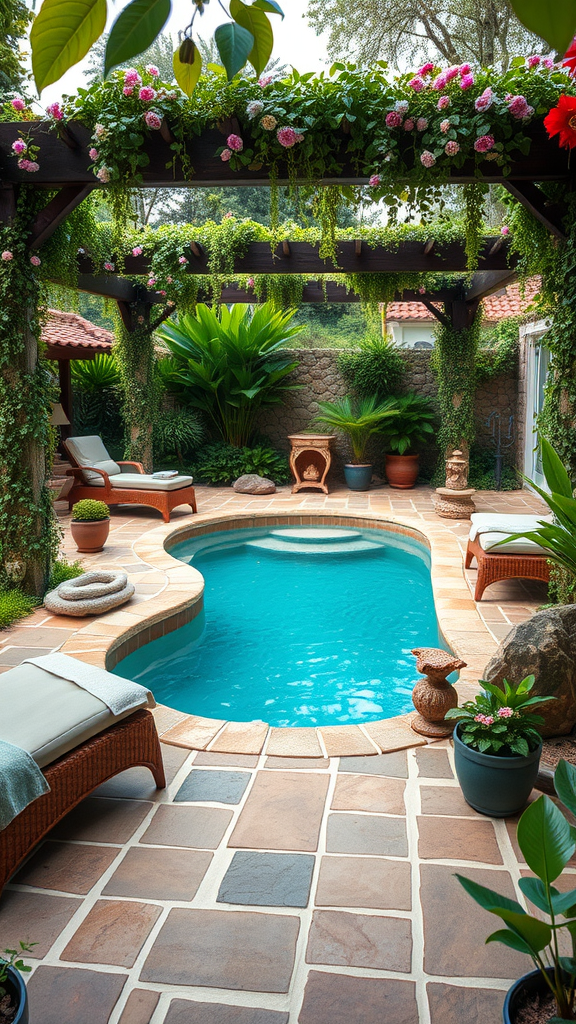 A serene pool deck surrounded by lush greenery and flowers, featuring a small pool, lounge chairs, and stone tiles.