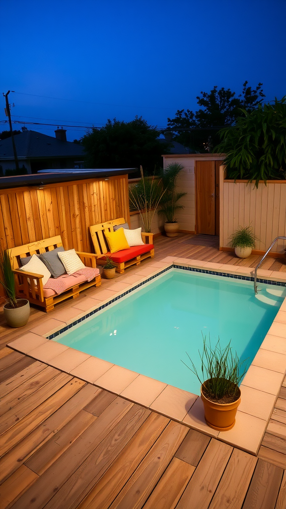 A small pool area with wooden pallet seating and potted plants, illuminated by evening light.