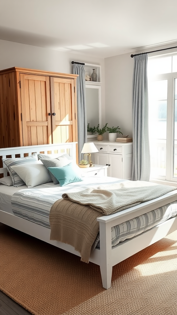 Bright and cozy lake house bedroom with white furniture and natural light.