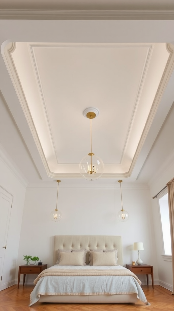 A bedroom featuring a tray ceiling design with modern pendant lighting.