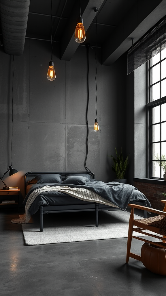 Stylish industrial loft bedroom featuring a metal bed frame, muted colors, and hanging Edison bulbs.