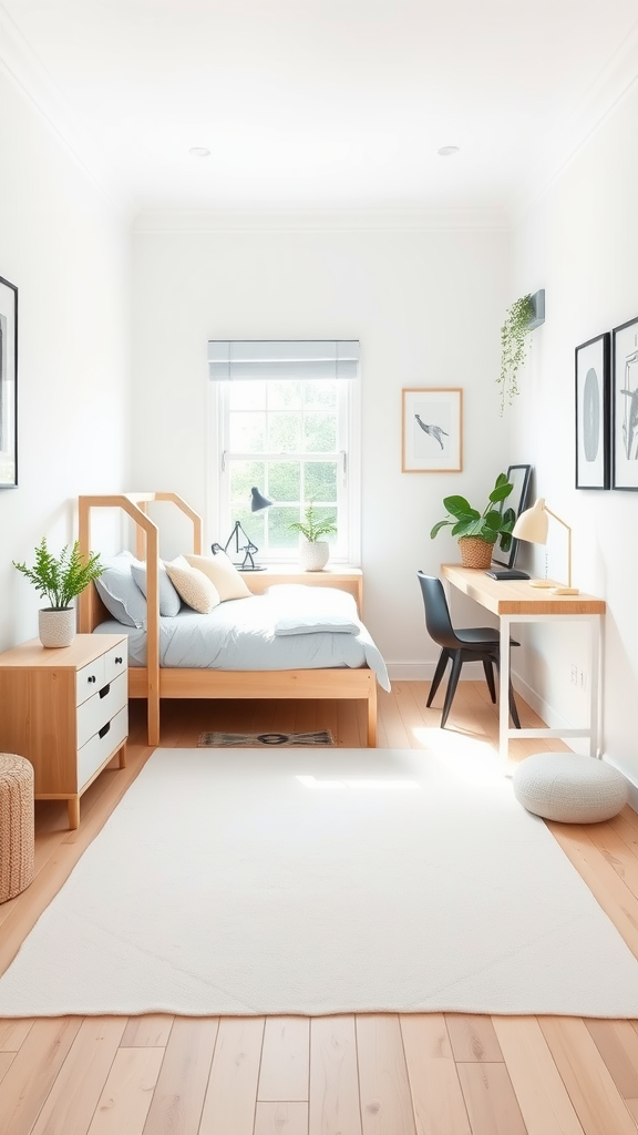 A minimalist Scandinavian dorm room with natural wood furniture, light colors, and plants.