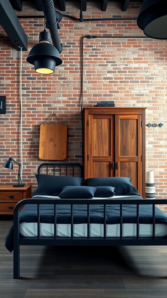 Modern industrial loft bedroom with exposed brick wall and sleek furniture.