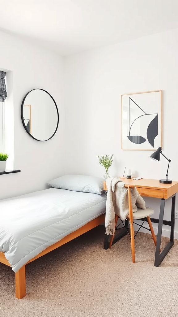 A modern minimalist dorm room featuring a light gray bed, a desk with a lamp, a round mirror, and abstract wall art.