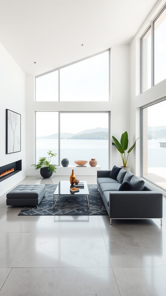 Modern minimalist living room with lake view featuring large windows, gray sofa, and decorative plants.