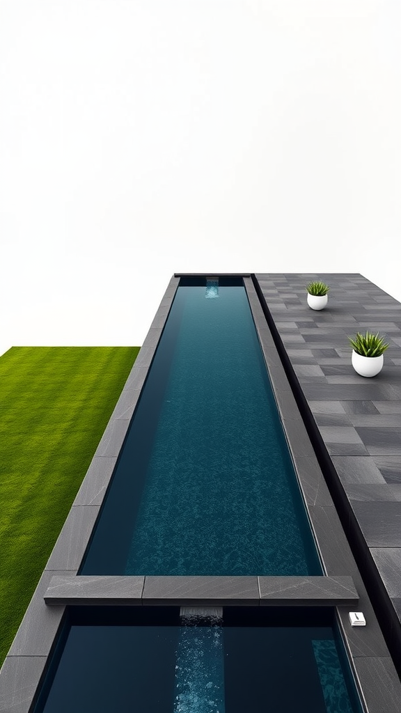 A modern minimalist swimming pool surrounded by grass and potted plants.