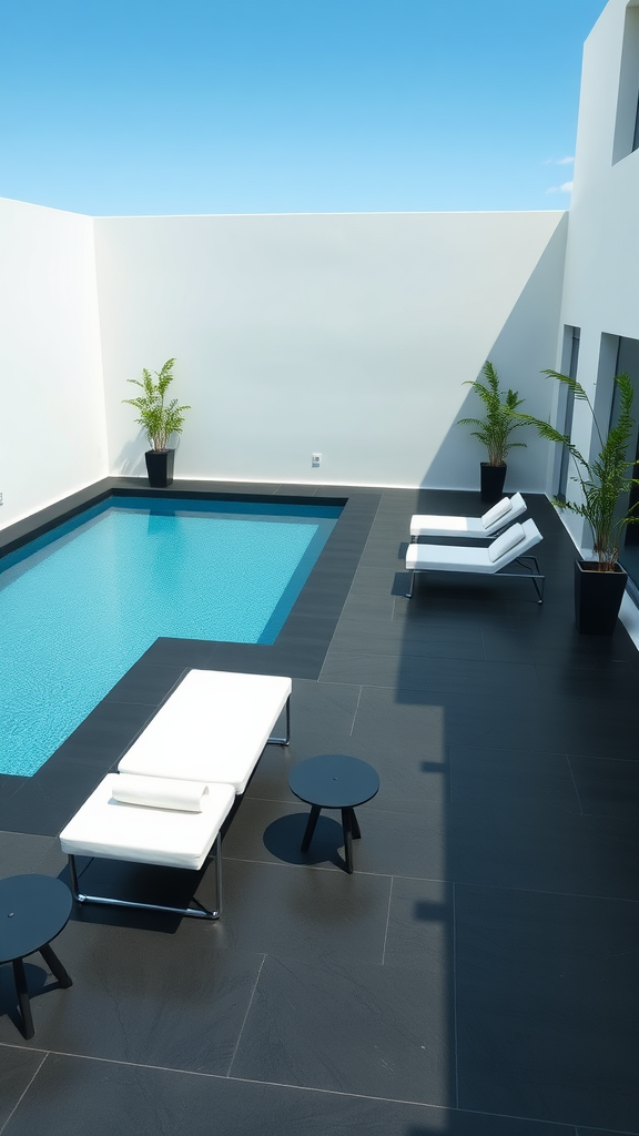 A modern minimalist pool deck featuring a sleek pool, black tiles, white lounge chairs, and green plants.