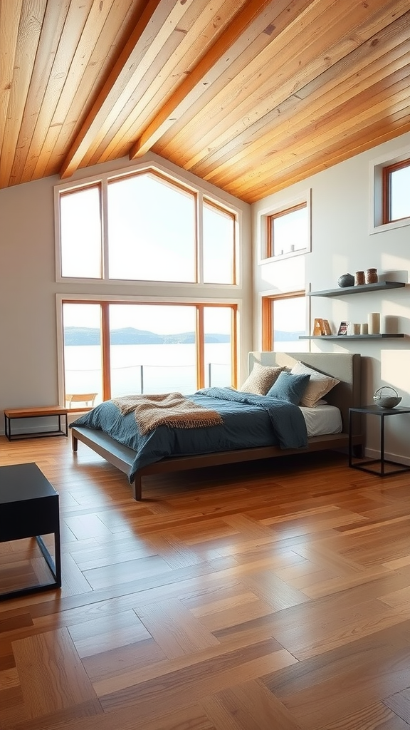 A modern rustic bedroom with a wooden ceiling, large windows overlooking a lake, and cozy bedding.