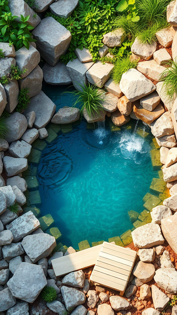 A small pool surrounded by natural stones and greenery, with a wooden deck