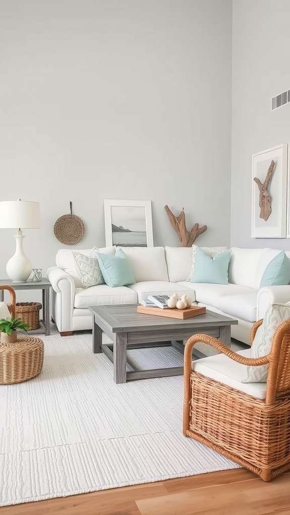 A neutral coastal living room with a white couch, wooden coffee table, and wicker accents.