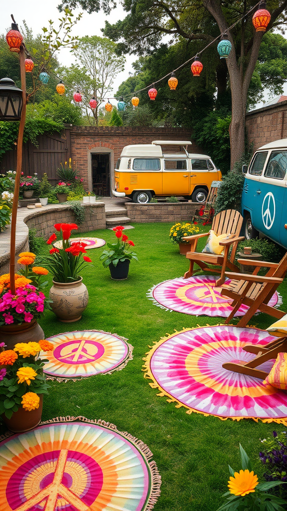 A colorful retro garden featuring peace-themed rugs, VW vans, and cozy seating.