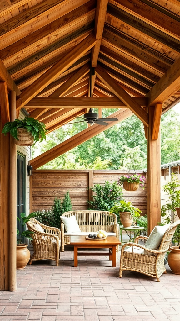 A rustic wooden patio roof extension with comfortable seating and greenery.