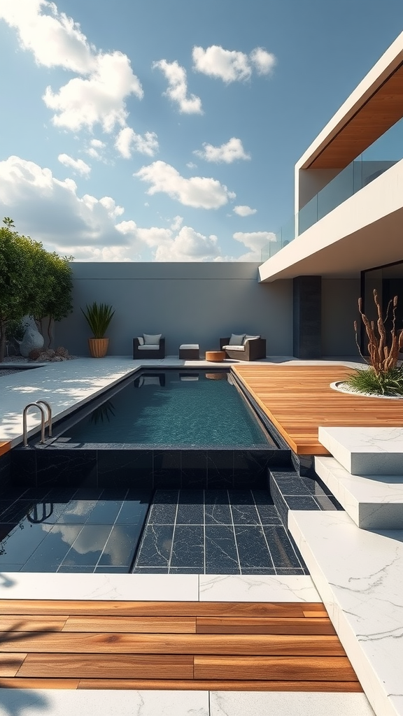 A luxurious sunken pool surrounded by a wooden floating deck and potted plants under a clear blue sky.