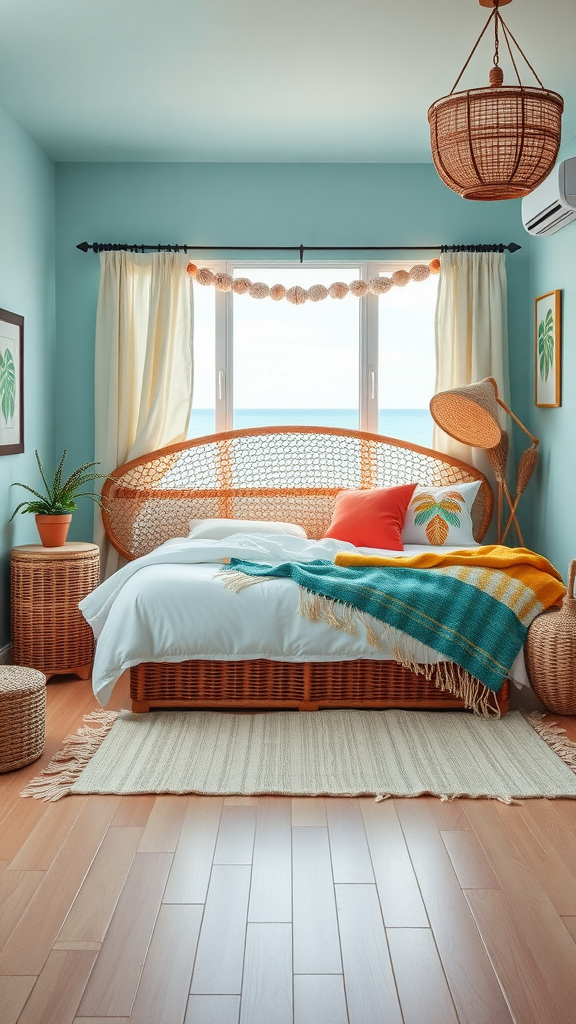 A tropical boho bedroom featuring a rattan bed, bright blue walls, colorful pillows, and a view of the ocean.