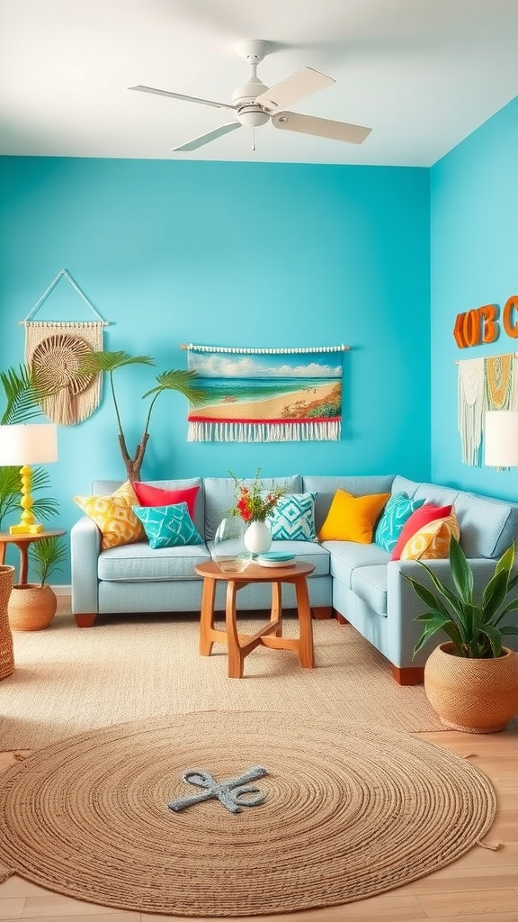 A vibrant living room with turquoise walls, a light blue couch, colorful pillows, and a circular jute rug.