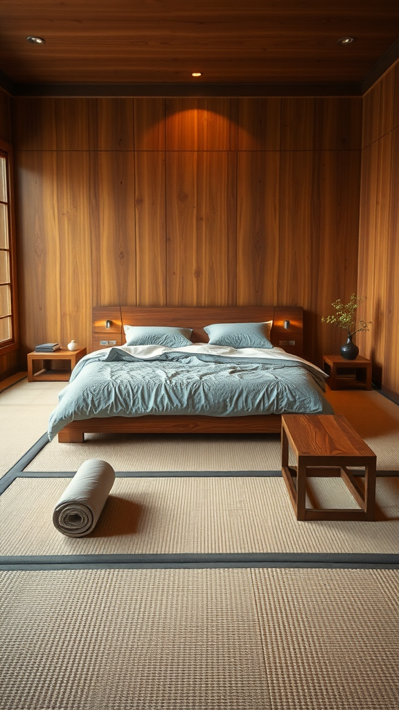 A zen-inspired Japandi bedroom featuring wooden walls, tatami mat flooring, a low bed with soft bedding, and minimalistic wooden furniture.