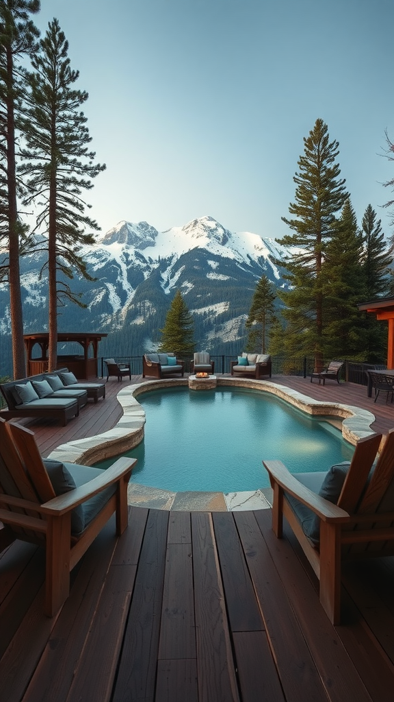 A mountain retreat pool deck with a swimming pool, wooden loungers, and stunning mountain views.