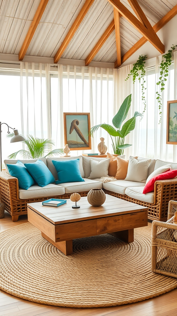 A cozy boho coastal living room featuring rattan furniture, bright cushions, a wooden coffee table, and large windows with greenery.