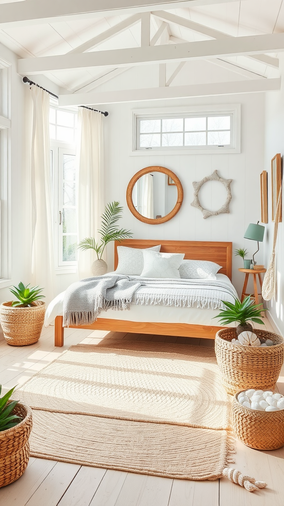 Bright boho coastal bedroom with whitewashed walls, wooden bed, plants, and natural light.