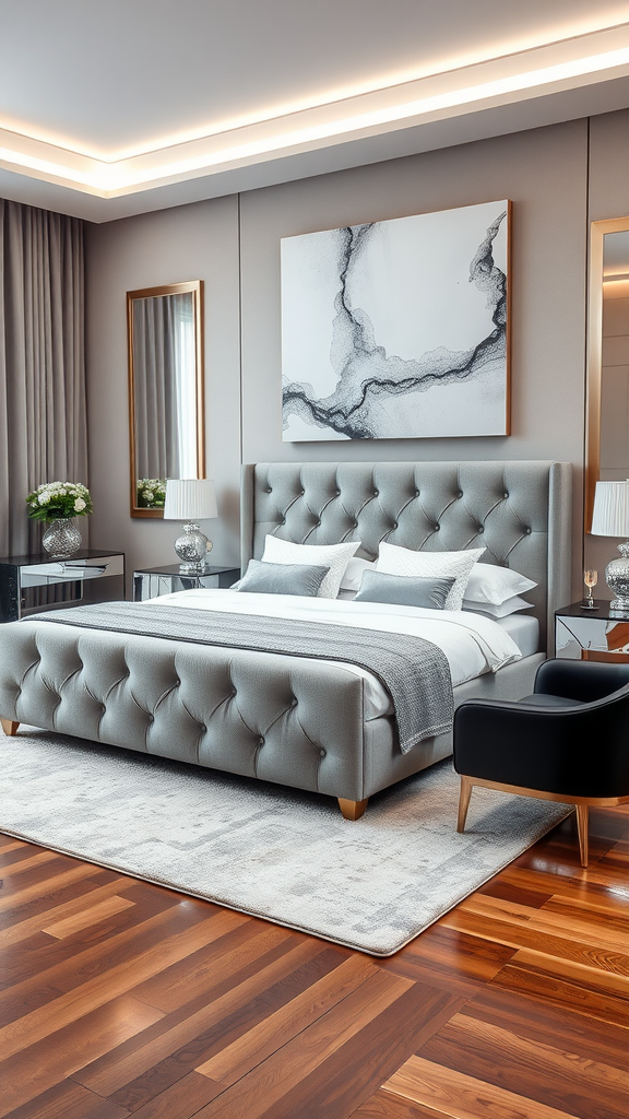 A contemporary luxury bedroom featuring a tufted gray bed, stylish nightstands, and elegant decor.