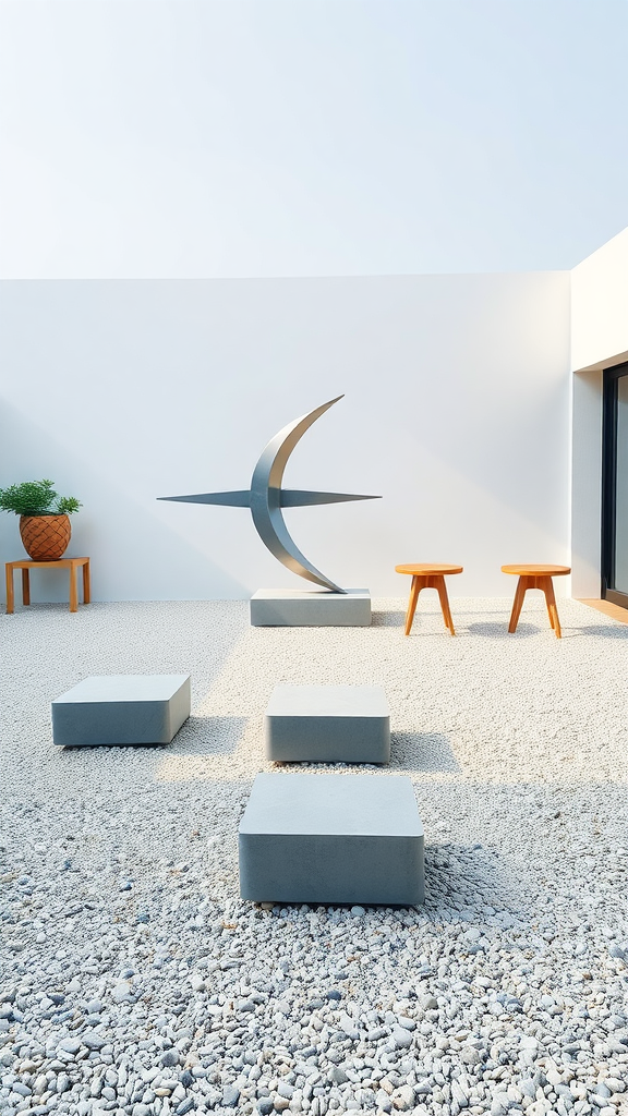 A modern gravel patio featuring a minimalist sculpture and geometric seating.