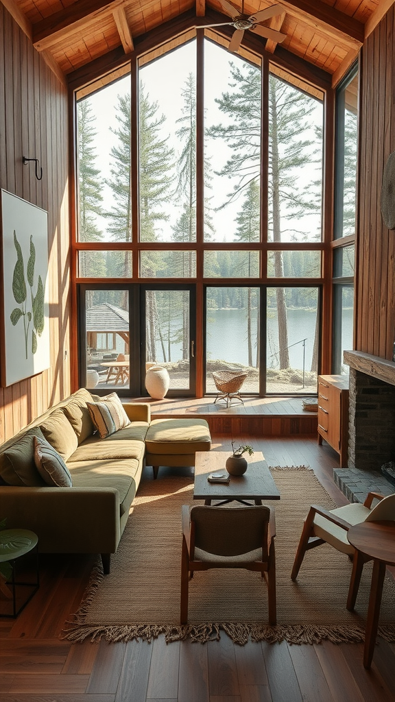 Cozy lake house living room with large windows, olive green sofa, and natural decor