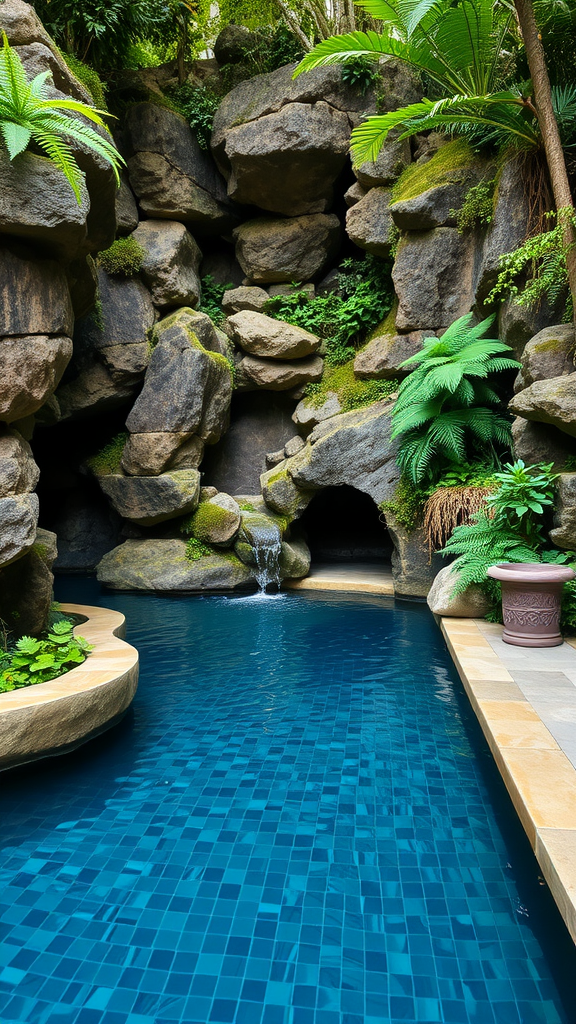 A nature-inspired pool surrounded by large rocks and lush greenery, featuring a small waterfall.