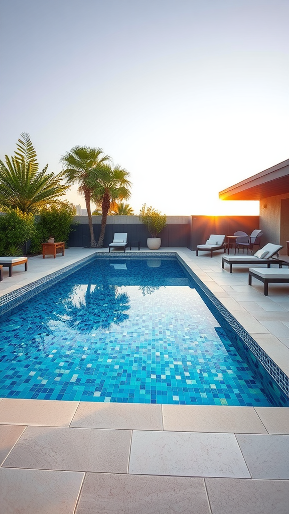 A modern pool featuring custom mosaic tile art, surrounded by palm trees and lounge chairs at sunset.