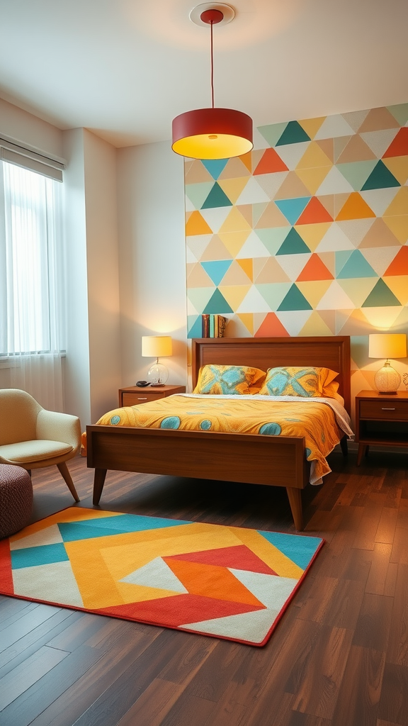 A colorful retro-style bedroom featuring geometric wallpaper, a wooden bed, vibrant rug, and cozy seating.