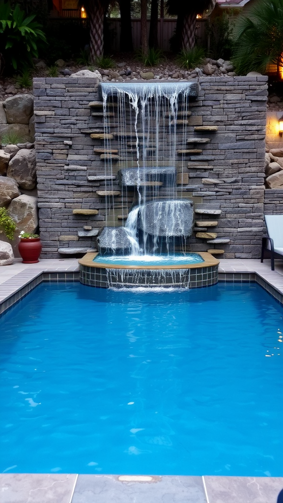 A small pool with a waterfall wall made of stones, surrounded by plants.