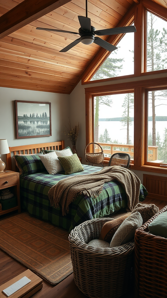 Cozy woodland chic lake house bedroom with large windows, wooden ceiling, plaid bedding, and natural decor.