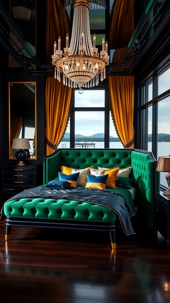 Art Deco lake house bedroom featuring a green upholstered bed, a crystal chandelier, and lake views.